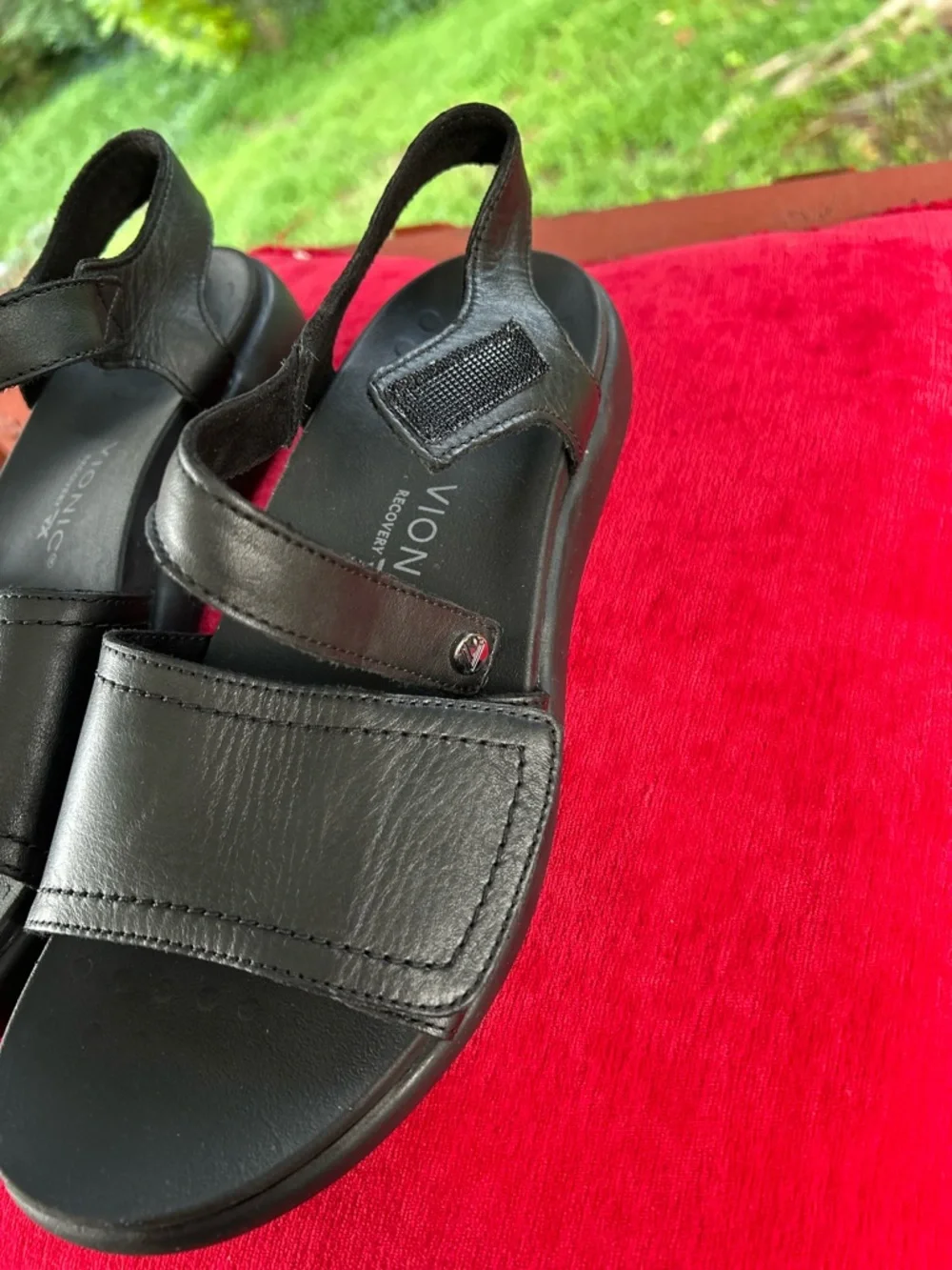 Vionic Black Leather Velcro Strap Sandals